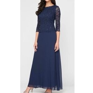 NWT Alex Evenings Navy Blue Lace Sequin Chiffon Wedding Guest Formal Dress 14